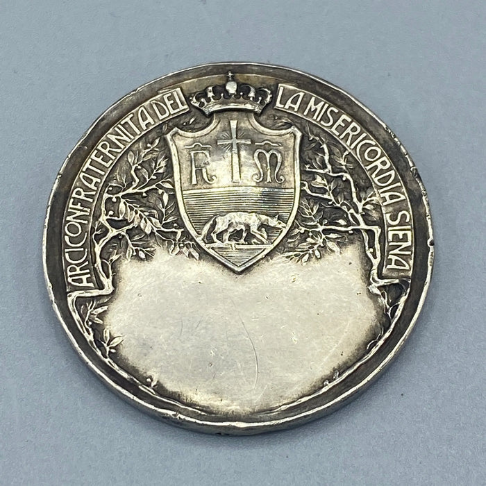 Medaglia Arciconfraternita Misericordia Siena inc. Bianconi argento 800 1910 ca