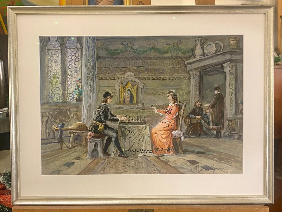 Vittorio Giunti – “Partita a scacchi” – acquerello su carta – 1920 ca