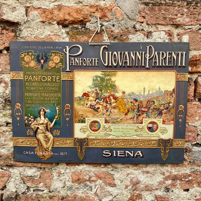 Insegna Panforte Giovanni Parenti Siena ill. Lavagnini Metalgraf Milano 1920 ca