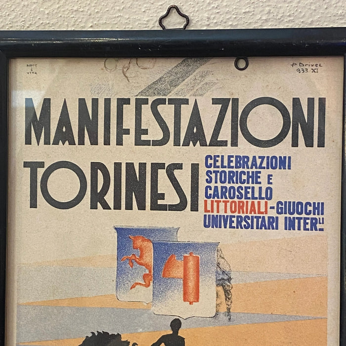 Locandina ferroviaria “Manifestazioni Torinesi” ill. P. Drivel Torino 1933