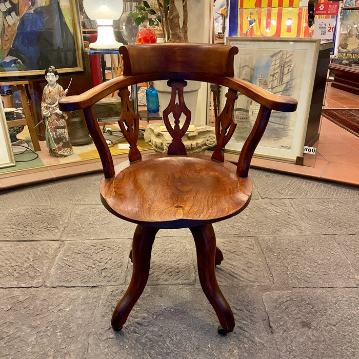 Sedia da barbiere o scrivania in legno antica elegante girevole con ruote fine XIX sec