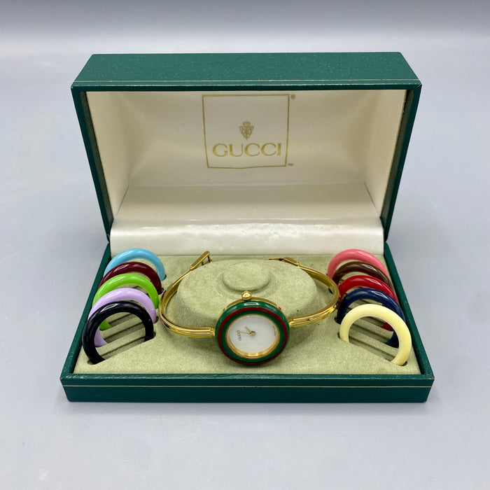 Gucci 11/12.2 orologio quarzo dorato scatola e ghiere colorate 1990 ca