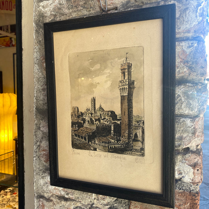 Renzo Cordiviola – “Siena la Torre del Mangia” – incisione acquarellata – 1970 ca